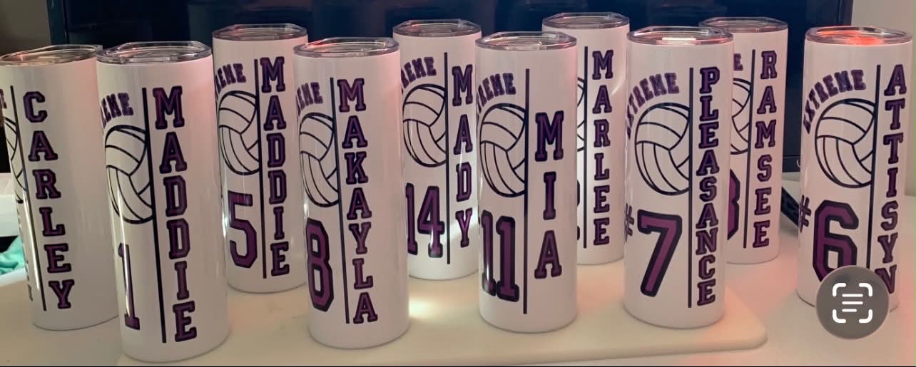 Set of personalized volleyball tumblers with names and numbers