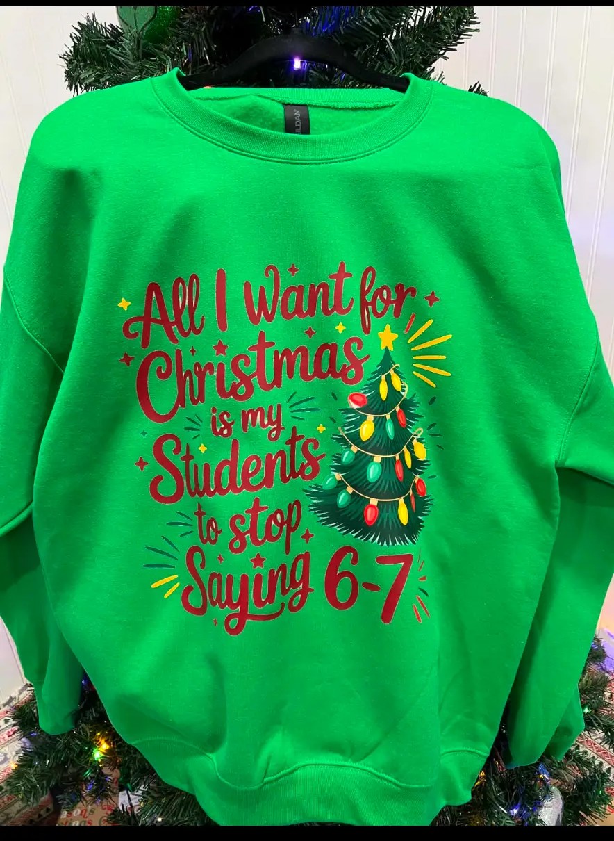 Green Christmas teacher sweatshirt with printed saying