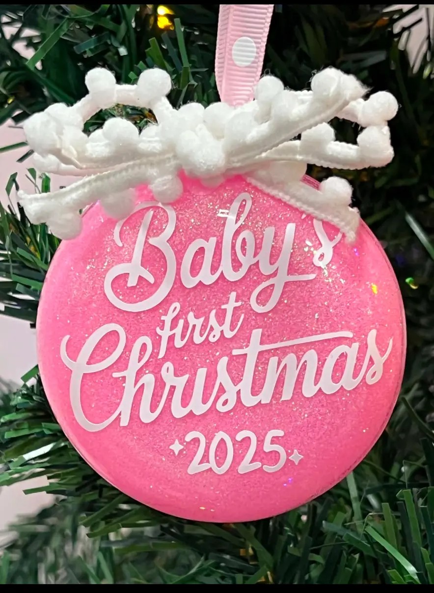 Pink glitter Baby's first Christmas 2025 ornament
