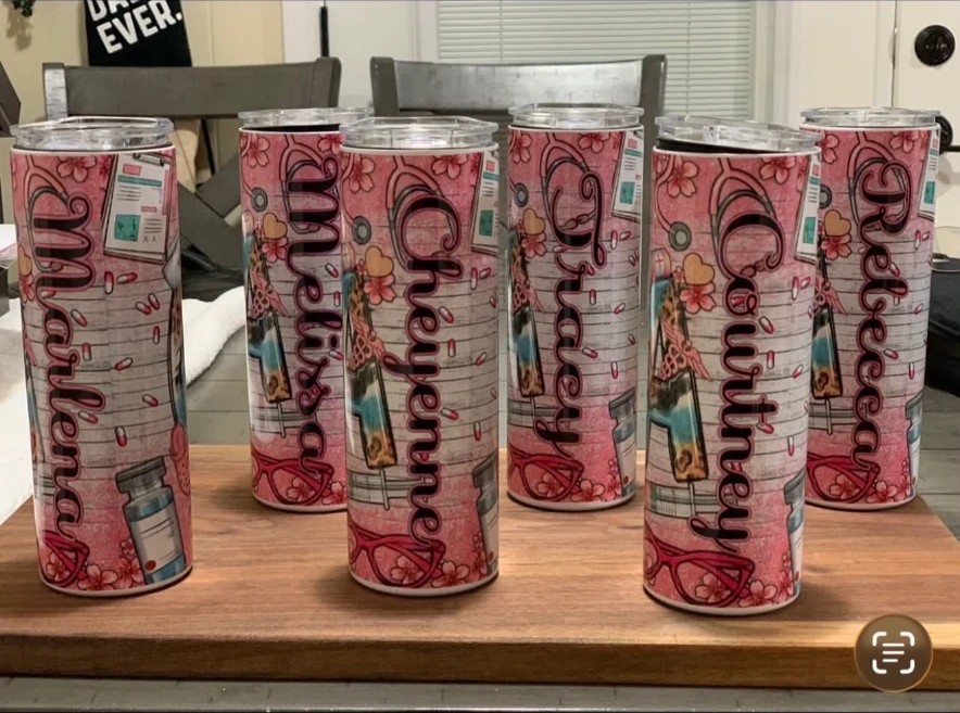 Personalized drinkware with names and themed artwork